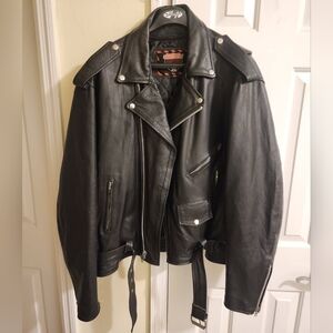 Interstate Leather Motorcycle Jacket MENS Black Full Zip Buckle Lined 52 HEAVY